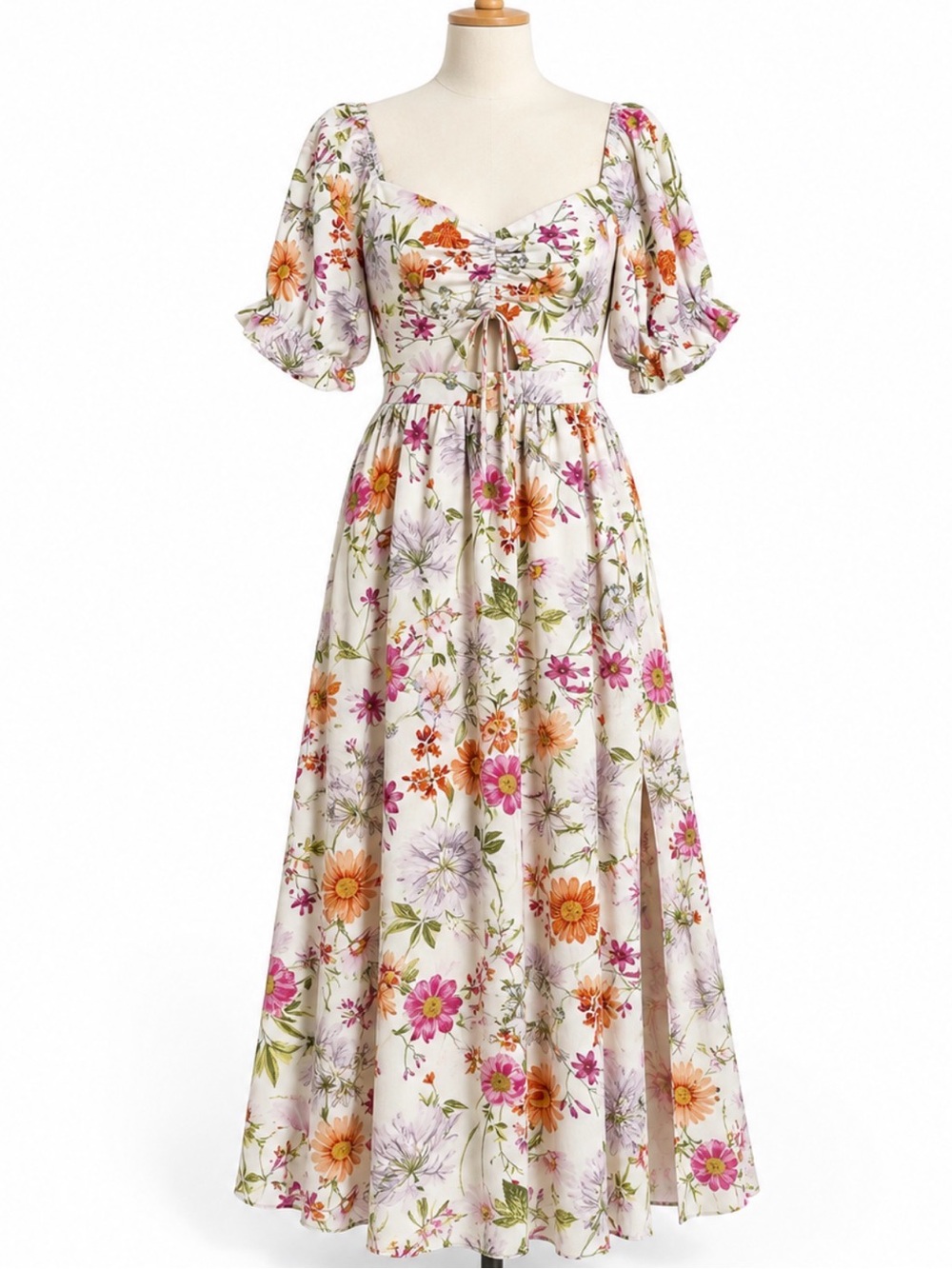 Arula Floral Maxi Dress Size A 14/16 Puff Sleeve Side Slit Cottagecore